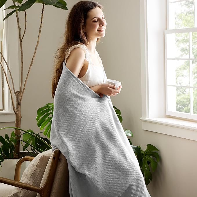 Bedsure GentleSoft 100% Cotton Large Throw Blanket for Couch 50x70 inches - Breathable and Lightweight, Soft Cozy Herringbone Woven Cotton Throw for Summer Spring, Cool Grey Office Chair Blanket