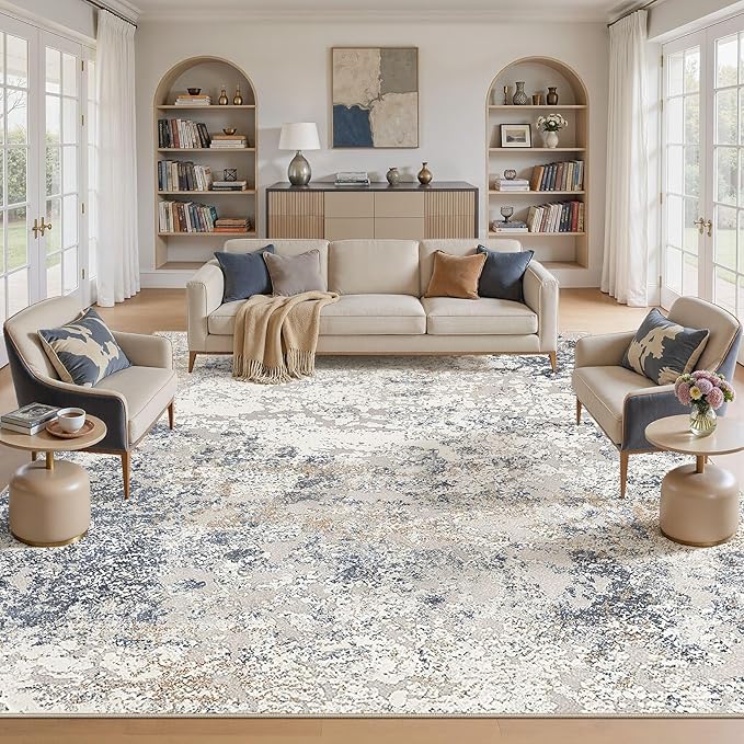 Square Area Rug Living Room Rugs - 12x12 Washable Large Soft Indoor Neutral Modern Abstract Low Pile Rug Carpet for Bedroom Dining Room Farmhouse Home Office - Beige Blue