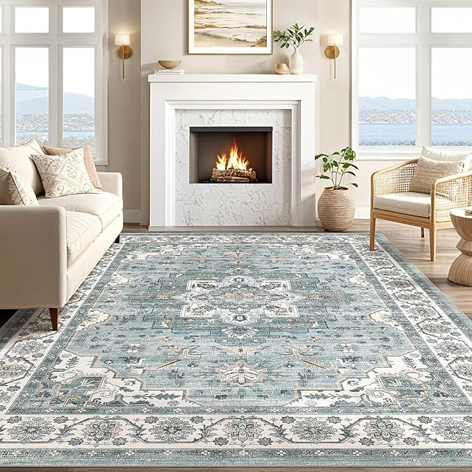 Vintage Living Room Area Rug 6x9 - Large Soft Washable Oriental Traditional Distressed Farmhouse Rugs for Bedroom - Indoor Floor Accent Carpet for Home Office House Decor - Denim Blue