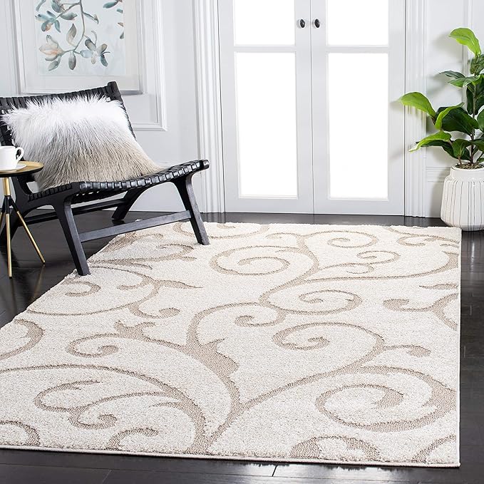 SAFAVIEH Florida Shag Collection Accent Rug - 4' x 6', Ivory & Beige, Scroll Design, Non-Shedding & Easy Care, High-Low Plush Pile, Ideal for Living Room, Bedroom, Dining Space (SG455-13LT)