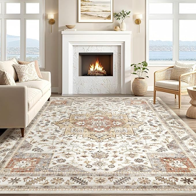 Vintage Living Room Area Rug 6x8 - Large Soft Washable Oriental Traditional Distressed Farmhouse Rugs for Bedroom - Indoor Floor Accent Carpet for Home Office House Decor - Orange