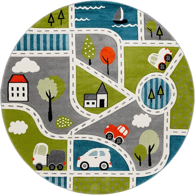 SAFAVIEH Carousel Kids Collection Area Rug - 6'7" Round, Green & Grey, Non-Shedding & Easy Care, Ideal for High Traffic Areas for Boys & Girls in Playroom, Nursery, Bedroom (CRK193Y)
