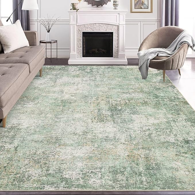 Area Rug Living Room Rugs - 9x12 Abstract Large Soft Indoor Washable Rug Neutral Modern Low Pile Carpet for Bedroom Dining Room Farmhouse Home Office - Green Grey