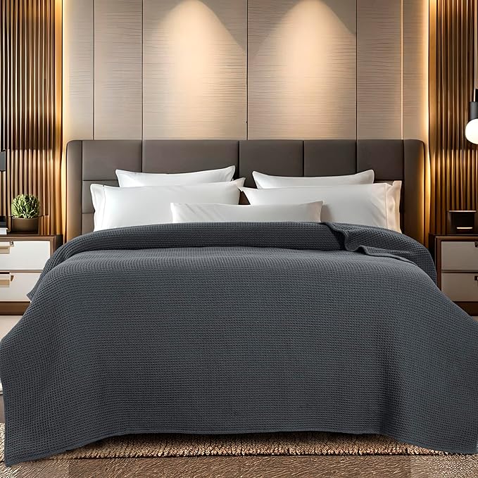 Bed & Bath Home Premium 100% Cotton Waffle Weave Blanket Twin Size – Soft Breathable Lightweight Comfort, Natural All-Season Bed Blanket, Easy-Care Bedspread for Bed & Couch (Grey)