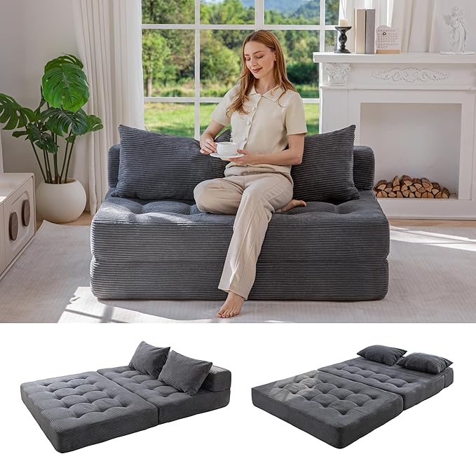 MAXYOYO Folding Sofa Couch, Convertible Floor Sleeper Couch with 2 Pillows, Tufted Floor Loveseat Couch Tufted Fold Out Chair Bed Comfy Sofa Lounge for Living Room Bedroom, Dark Grey