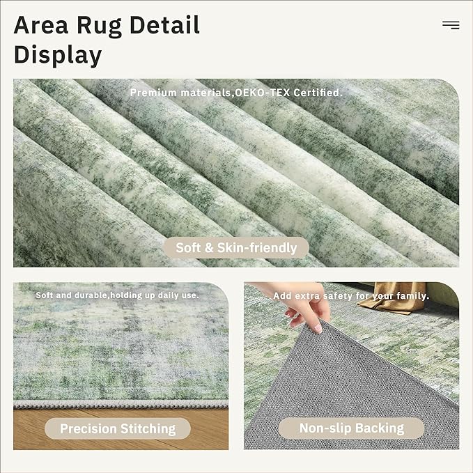 5x5 Green/Ivory Round Rug 5ft Living Room Circle Rug Vintage Round Area Rug Non Slip Indoor Carpet for Entryway Dining Room Bedroom