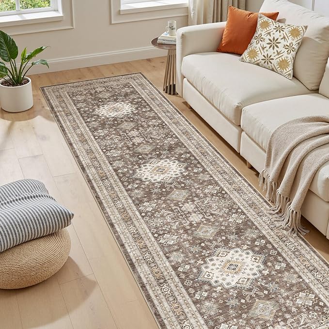 Vintage Hallway Runner Rug 2x8: Large Soft Washable Entryway for Kitchen Laundry Room Non-Slip Backing Runner for Entrance Living Room Bedroom Bathroom - Dark Brown