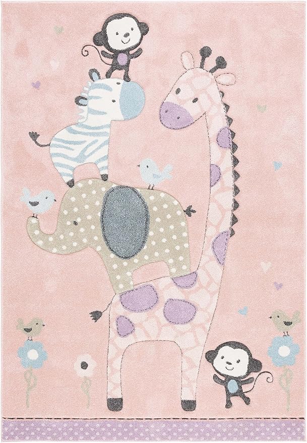 SAFAVIEH Carousel Kids Collection Area Rug - 4' x 6', Blush Pink, Animal Design, Ideal for High Traffic Area for Boys & Girls in Playroom, Nursery, Bedroom (CRK120U-4)