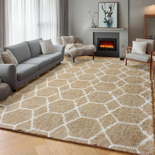 ONASAR Area Rugs for Bedroom Living Room, 4x6 Fluffy Beige and White Throw Rug, Geometric Soft Shaggy Fuzzy Plush Indoor Floor Carpet for Kids Teen Nursery Dorm Office Home Decor Aesthetic