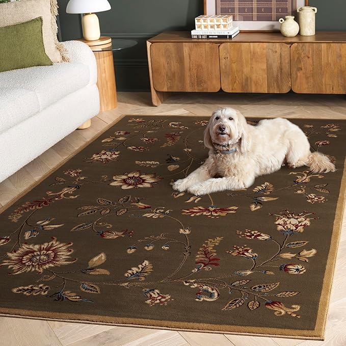 SAFAVIEH Lyndhurst Collection Area Rug - 5'3" x 7'6", Green & Multi, Traditional Floral Design, Non-Shedding & Easy Care, Ideal for High Traffic Areas in Living Room, Bedroom (LNH552-5291)