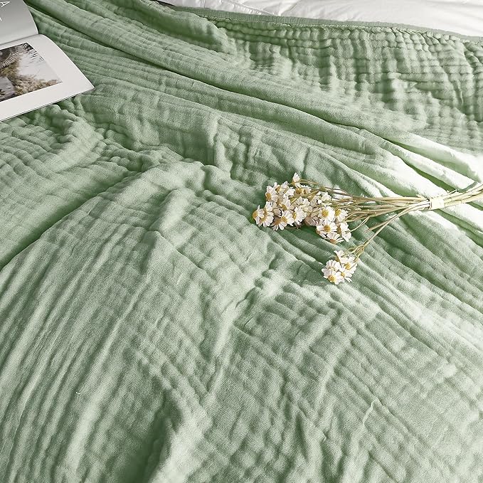 SANACYNA Muslin Blankets 100% Cotton 6-Layer Gauze Green Grid Cooling Blanket Lightweight Soft and Breathable Blanket for Sofa Bed Coverlet Both Sides (Mint Green, Throw 50"x60")