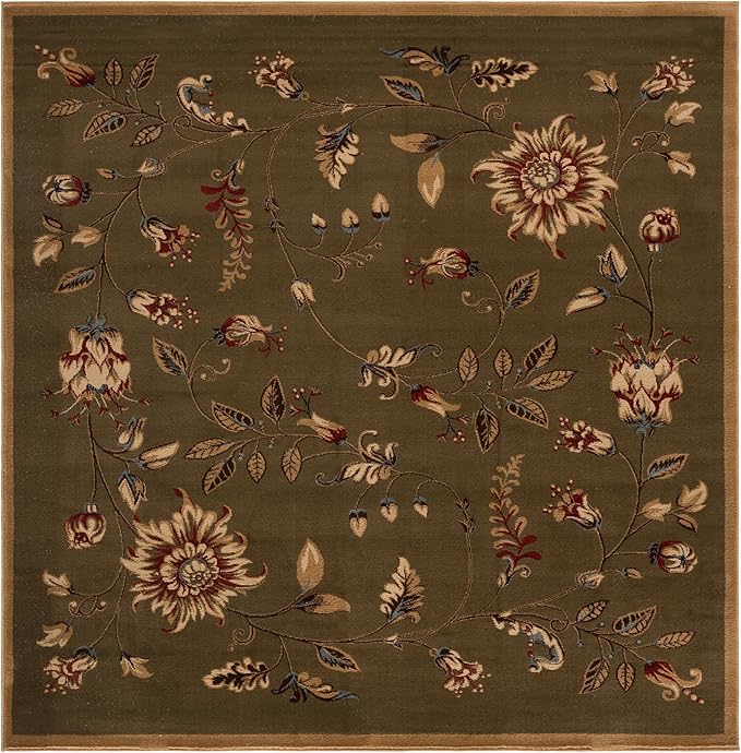 SAFAVIEH Lyndhurst Collection Area Rug - 6'7" Square, Green & Multi, Traditional Floral Design, Non-Shedding & Easy Care, Ideal for High Traffic Areas in Living Room, Bedroom (LNH552-5291)
