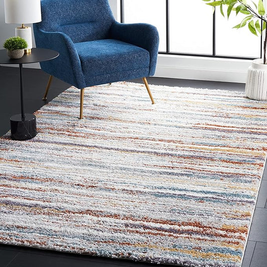 SAFAVIEH Berber Shag Collection Area Rug - 5'1" Square, Blue Rust & Ivory, Striped Design, Non-Shedding & Easy Care, 1.2-inch Thick, Ideal for The Living Room, Bedroom, Dining Room (BER565A-5SQ)