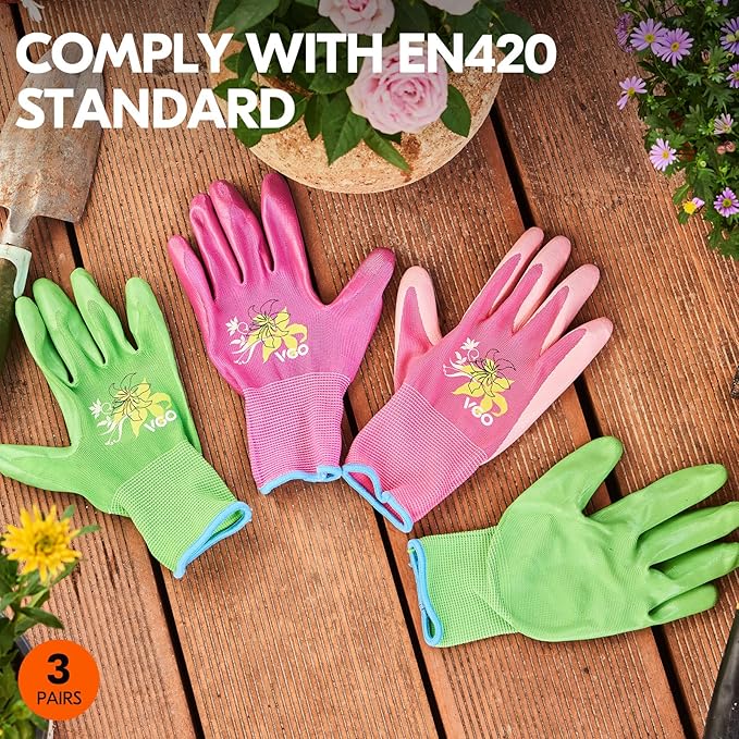 Vgo... 3Pairs Ladies' Nitrile Coating Gardening and Work Gloves (Size S, Green & Pink & Purple, NT2110)
