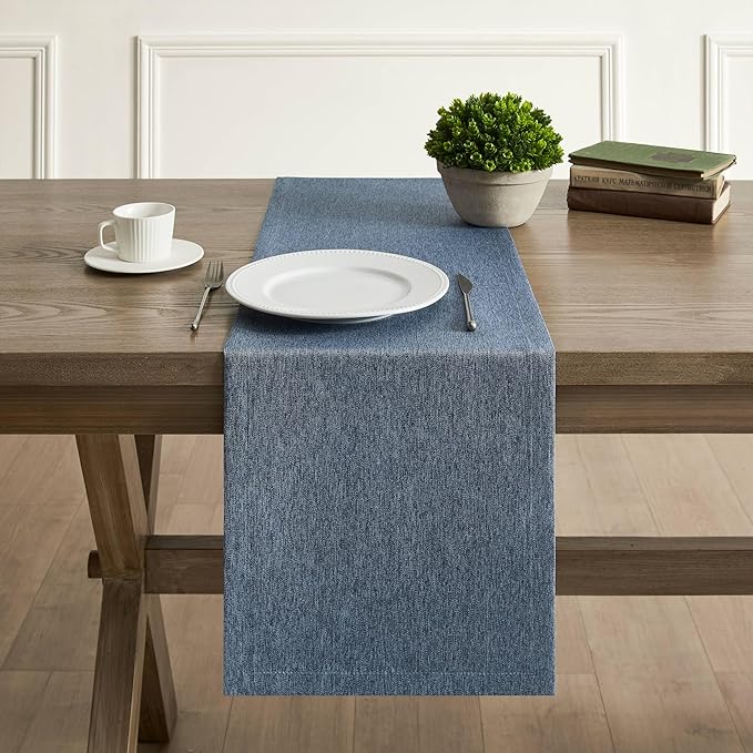ZeeMart Basic Linen Style Table Runner, 14 x 90 Inch Navy Blue, Rustic Farmhouse Blue Table Runners 90 Inches Long, Everyday Polyester Table Runner - Machine Washable & Easy Care