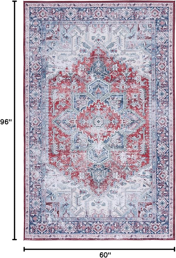 SAFAVIEH Washable Rug Tucson Collection - 5' x 8', Red & Navy, Slip Resistant & Easy to Clean, Ideal for Living Room, Bedroom, Dining Space (TSN101S)