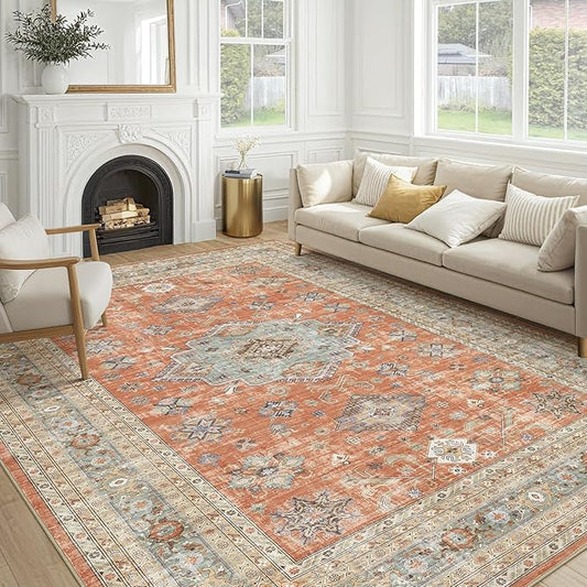 Vintage Living Room Area Rug 9x12 - Large Soft Washable Oriental Traditional Distressed Farmhouse Rugs for Bedroom - Indoor Floor Accent Carpet for Home Office House Decor - Orange
