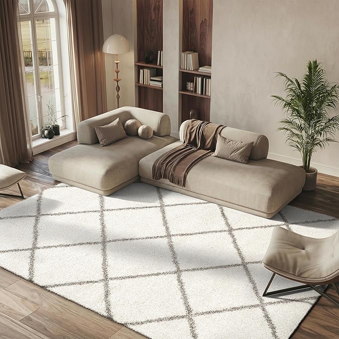 SAFAVIEH Hudson Shag Collection X-Large Area Rug - 11' x 15', Ivory & Grey, Modern Trellis Design, Non-Shedding & Easy Care, 2-inch Thick Ideal for High Traffic Areas in Living Room, Bedroom (SGH281A)