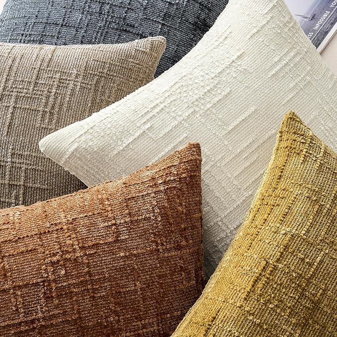 Decorative Couch Throw Pillow Covers 20x20 Set of 2 White Soft Chenille Pillow Covers Neutral Textured Boho Cushion Covers for Modern Farmhouse Sofa Bedroom Living Room Decor SY008-A20