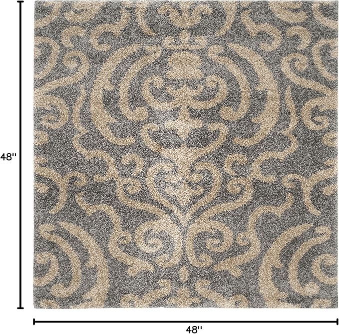 SAFAVIEH Florida Shag Collection Area Rug - 4' Square, Grey & Beige, Damask Design, Non-Shedding & Easy Care, 1.2-inch Thick Ideal for High Traffic Areas in Living Room, Bedroom (SG462-8013)