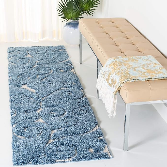 SAFAVIEH Florida Shag Collection Accent Rug - 2'3" x 4', Light Blue & Cream, Scroll Design, Non-Shedding & Easy Care, High-Low Plush Pile, Ideal for Bedroom, Foyer, Hallway (SG455-6011)