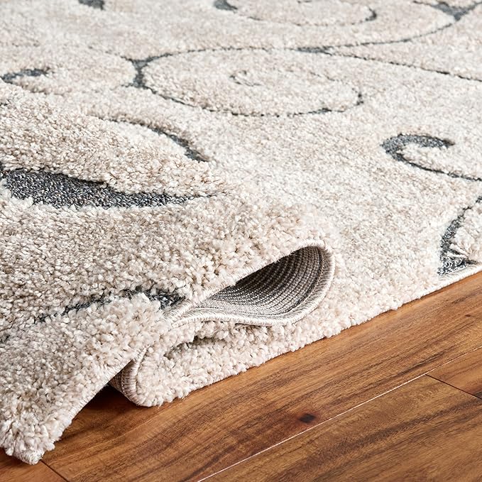 SAFAVIEH Florida Shag Collection Runner Rug - 2'3" x 15', Beige & Blue Grey, Scroll Design, Non-Shedding & Easy to Clean, High-Low Plush Pile, Ideal for Bedroom, Foyer, Hallway (SG455-1155)