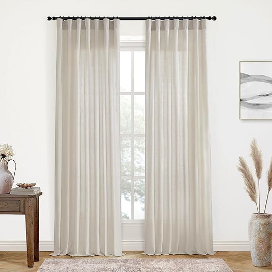 XTMYI Oatmeal 100 Inches Long Country Curtains for Living Room,Sheer Linen Curtains for Bedroom,50 Inches Wide