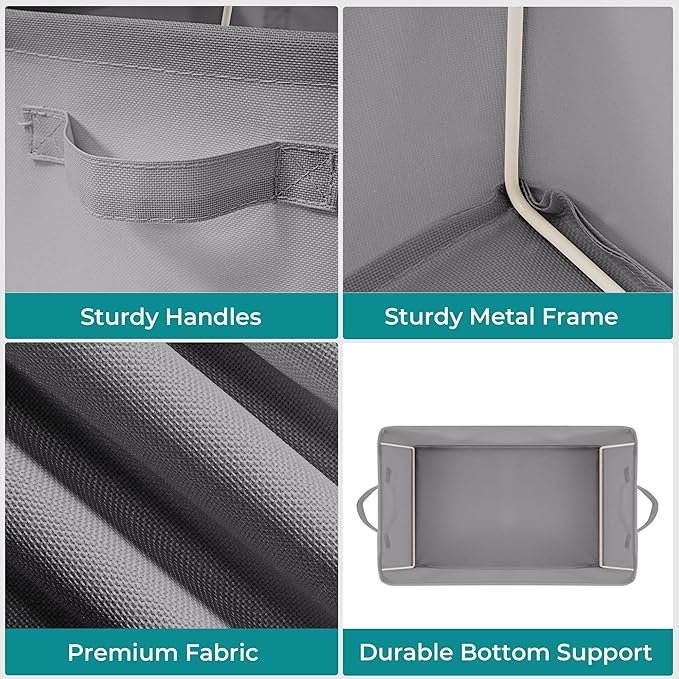 Storage Basket Bins with Metal Frame, Large Collapsible Fabric Storage Baskets for Organizing Shelf, Basket Organizer W/Handles for Blankets, Towels, Laundry, Shelves, 4-Pack, Grey