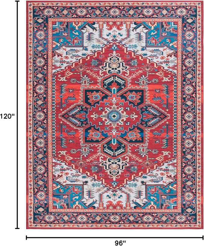 SAFAVIEH Washable Rug Tucson Collection - 8' x 10', Red & Blue, Slip Resistant & Easy to Clean, Ideal for Living Room, Bedroom, Dining Space (TSN101Q)