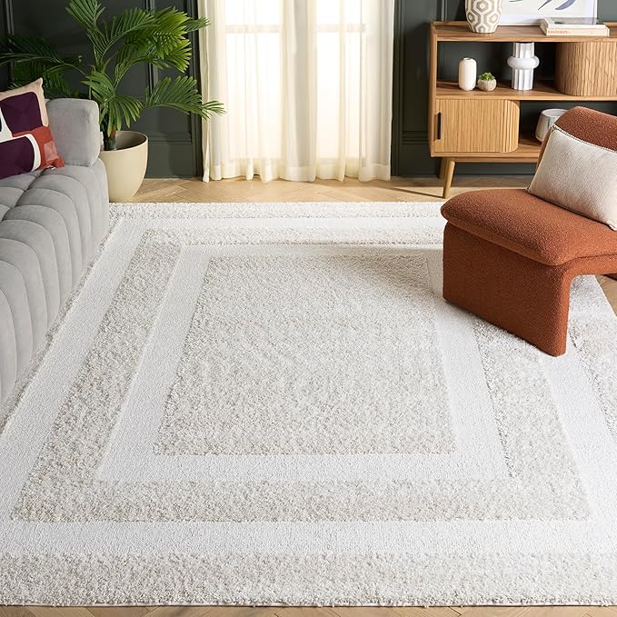 SAFAVIEH Florida Shag Collection Area Rug - 9'6" x 13', Creme & Creme, Border Design, Non-Shedding & Easy Care, 1.2-inch Thick Ideal for High Traffic Areas in Living Room, Bedroom (SG454-1111)