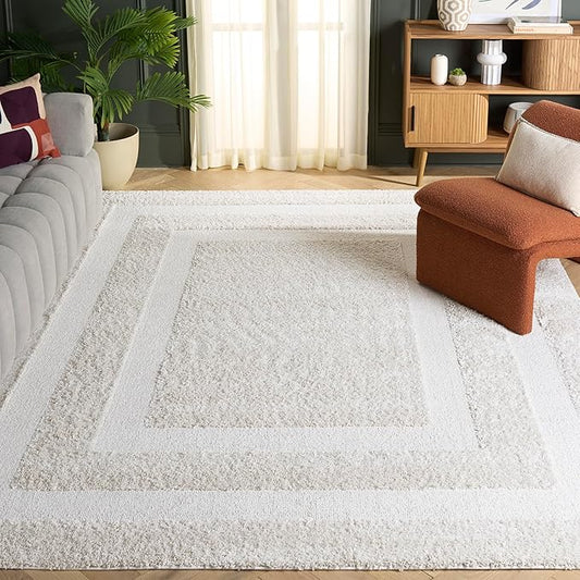 SAFAVIEH Florida Shag Collection Area Rug - 9'6" x 13', Creme & Creme, Border Design, Non-Shedding & Easy Care, 1.2-inch Thick Ideal for High Traffic Areas in Living Room, Bedroom (SG454-1111)