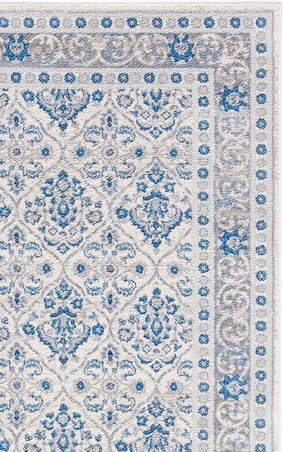 SAFAVIEH Brentwood Collection 3' x 5' Ivory/Blue BNT870A Oriental Damask Trellis Non-Shedding Living Room Bedroom Accent Rug