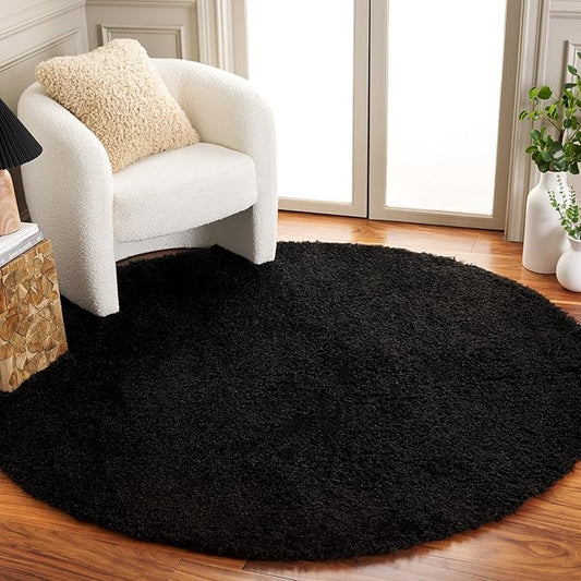 SAFAVIEH Lindsay Shag Collection Round Rug - 6'7" Round, Black, Contemporary Design, Ideal for High Traffic Areas in Living Room, Bedroom & Dining Room (LNS560Z-7R)