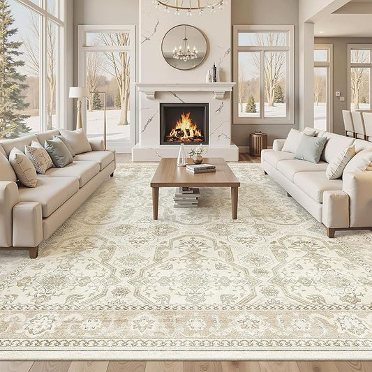 10x14 Area Rugs for Living Room, Non Slip Machine Washable Vintage Rugs, Low Pile Lightweight Large Rug for Bedroom, Dining Room, Home Office Beige/Brown