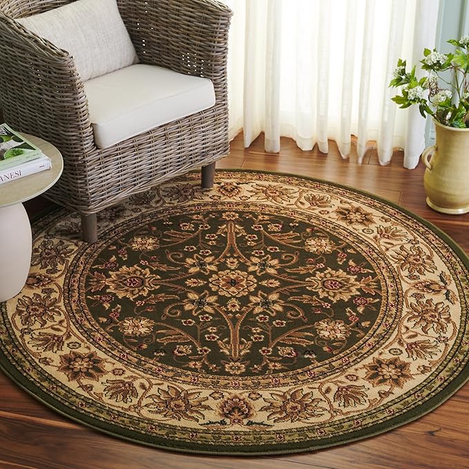 SAFAVIEH Lyndhurst Collection Area Rug - 5'3" Round, Sage & Ivory, Traditional Oriental Design, Non-Shedding & Easy Care, Ideal for High Traffic Areas in Living Room, Bedroom (LNH212C)