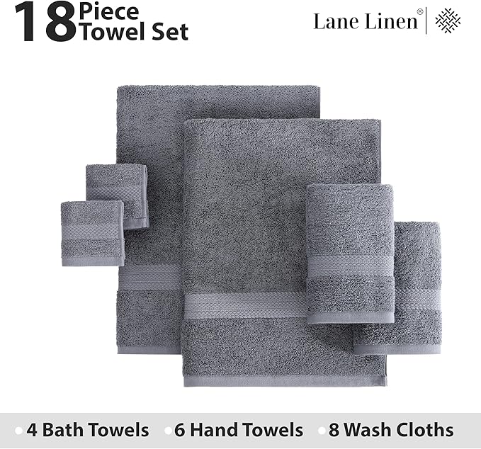 LANE LINEN 100% Cotton Towels for Bathroom - 18 Piece Family Pack - Super Soft & Quick Dry - 4 Bath, 8 Washcloth, 6 Hand Towels - Oeko TEX Certified, Machine Washable & Durable - Cool Grey
