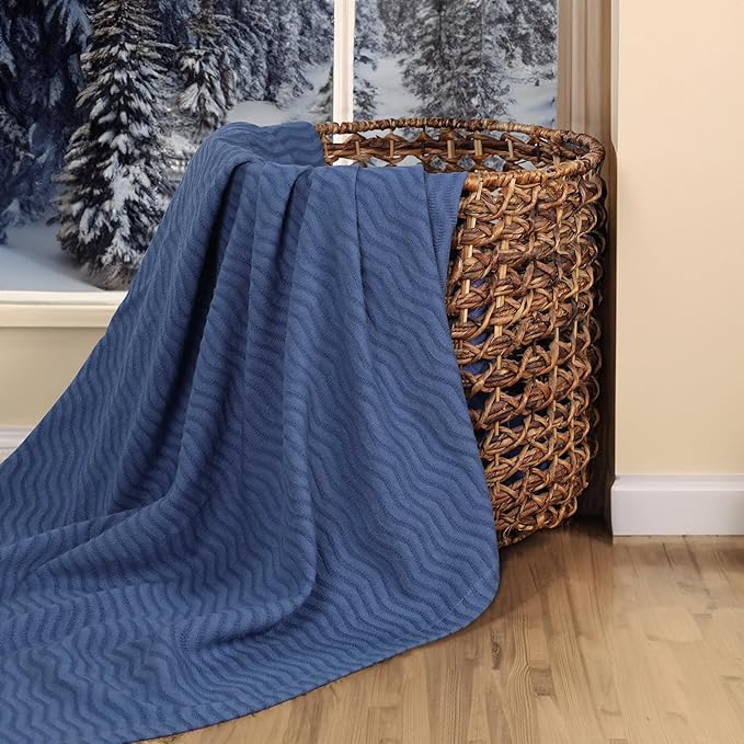 Superior JENA Cotton Blanket Picnic, Beach, Traveling or Camping, Bedroom Decor, Essentials, Cover for Bed, Couch, Lounging, Textured Jacquard, Modern Chevron Woven Blanket, Full/Queen, Merritt Blue