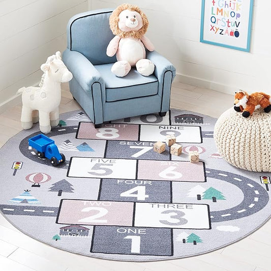 SAFAVIEH Washable Rug Kids Playhouse Collection - 6'7" Round, Grey & Pink, Slip Resistant & Easy to Clean, Ideal for Kids Room, Playroom, Nursery, Boys & Girls Room (KPH226A)