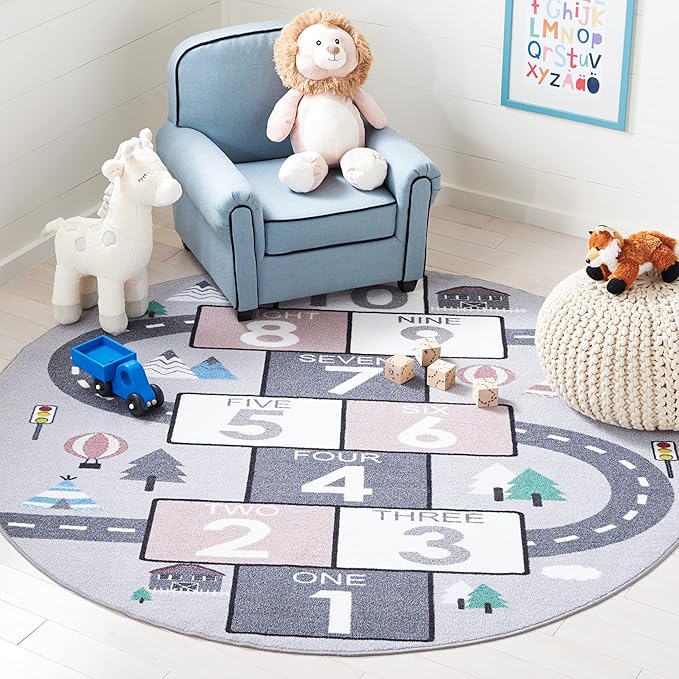 SAFAVIEH Washable Rug Kids Playhouse Collection - 5' Round, Grey & Pink, Slip Resistant & Easy to Clean, Ideal for Kids Room, Playroom, Nursery, Boys & Girls Room (KPH226A)