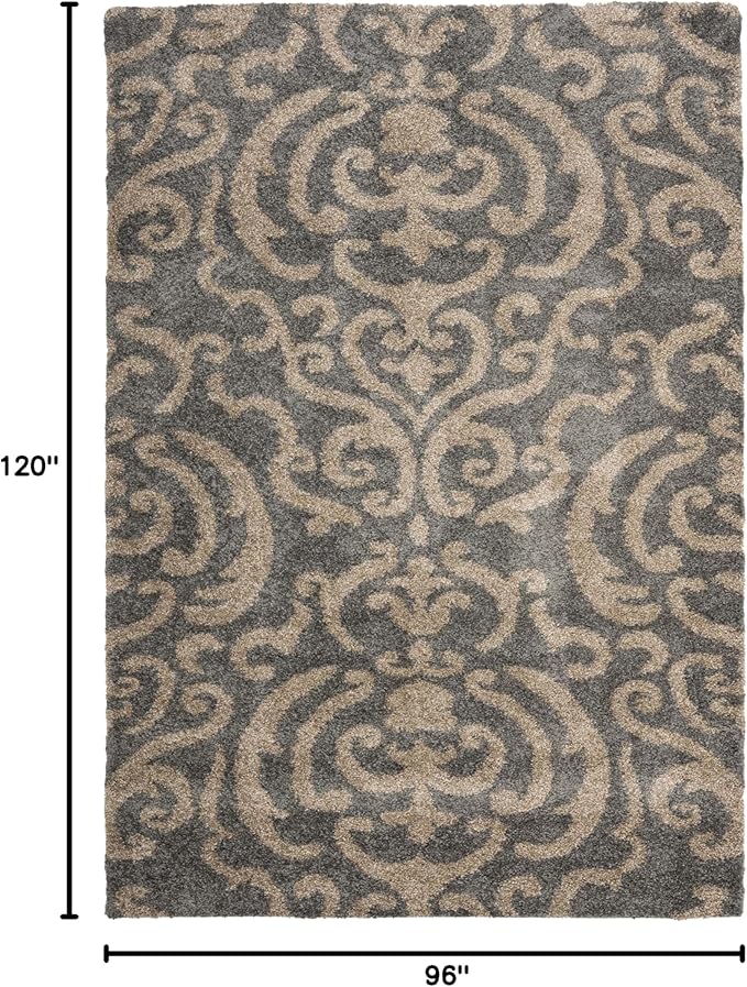 SAFAVIEH Area Rug 8x10 - Florida Shag Collection - Large - Grey & Beige, Damask Pattern, Non-Shedding & Easy Cleaning, Plush Thick Pile, Ideal for Living Room, Bedroom, Dining Space (SG462013)
