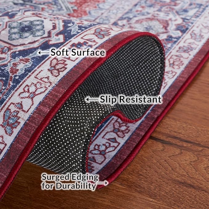 SAFAVIEH Washable Rug Tucson Collection - 9' x 12', Red & Navy, Slip Resistant & Easy to Clean, Ideal for Living Room, Bedroom, Dining Space (TSN101S)