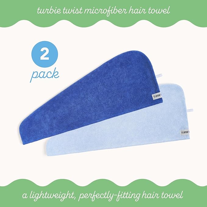 Turbie Twist 2-Pack Microfiber Hair Towel for Beauty, Travel, Gifting - Wrap Turban for Straight, Wavy & Curly Hair - Premium Personal Care - Dazzling Blue & Windsurfer