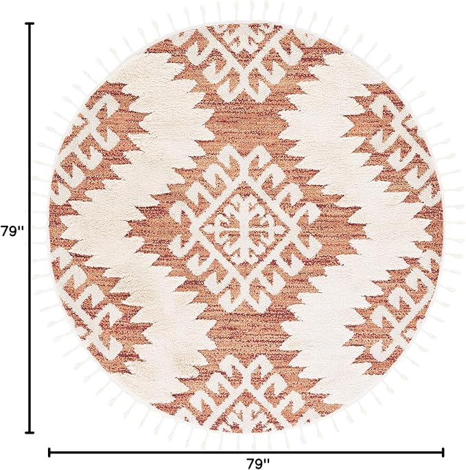 SAFAVIEH Moroccan Tassel Shag Collection Area Rug - 6'7" Round, Orange & Ivory, Boho Design, Non-Shedding & Easy Care, 2-inch Thick Ideal for High Traffic Areas in Living Room, Bedroom (MTS652P)