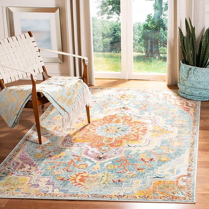 SAFAVIEH Crystal Collection Area Rug - 6'7" x 9'2", Orange & Teal, Medallion Distressed Design, Non-Shedding & Easy Care, Ideal for High Traffic Areas in Living Room, Bedroom (CRS501K)