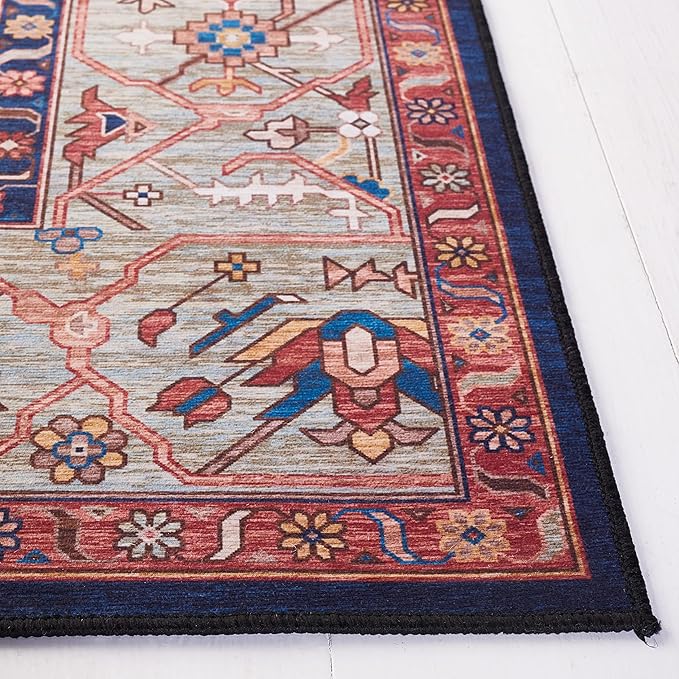 SAFAVIEH Washable Rug Tucson Collection - 4' Square, Rust & Blue, Slip Resistant & Easy to Clean, Ideal for Foyer, Kitchen, Nursery, Office, Bedroom (TSN153P)