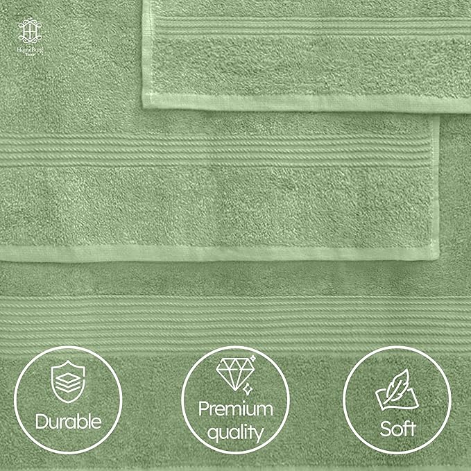 Luxe Set – Washcloths (30 x 30cm), Hand Towels (40 x 70cm) & Bath Towels (65 x 137 cm) – 100% Cotton, Soft, Absorbent, Easy Care, Versatile, (Sage Green)