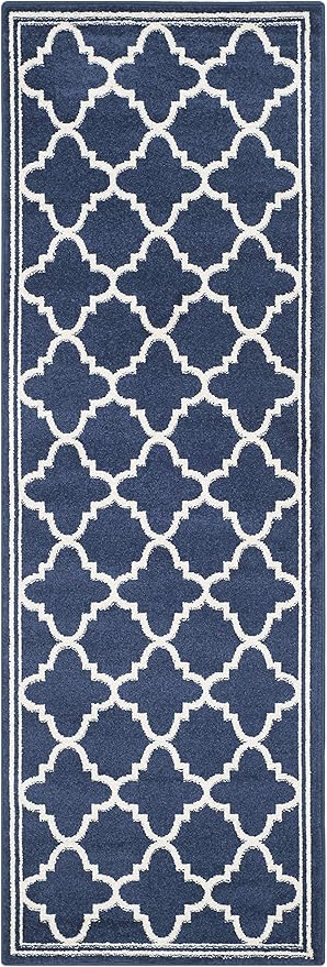 SAFAVIEH Amherst Collection Runner Rug - 2'3" x 17', Navy & Beige, Moroccan Trellis Design, Non-Shedding & Easy Care, Ideal for High Traffic Areas in Living Room, Bedroom (AMT422P)