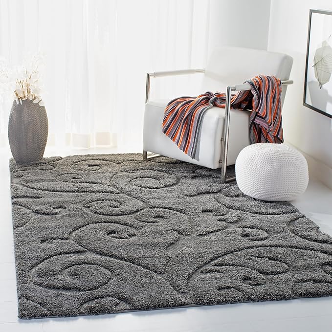 SAFAVIEH Florida Shag Collection Area Rug - 5'3" x 7'6", Grey, Scroll Design, Non-Shedding & Easy to Clean, High-Low Plush Pile, Ideal for Living Room, Bedroom, Dining Space (SG455-8013)