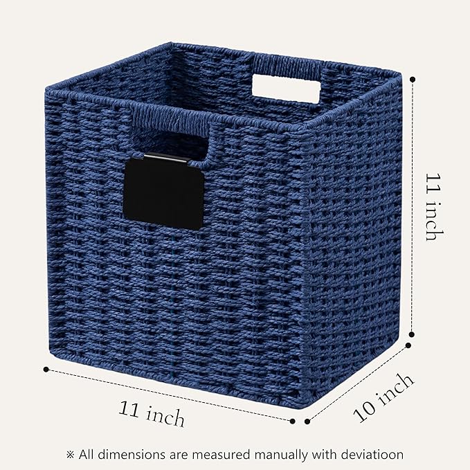 UBBCARE 4 Pack Wicker Basket, 10.5×10.5 Storage Cubes with Label, Foldable Cube Storage Bin with Handle, Square Storage Basket for Shelves, Woven Paper Rope Basket for Organizing, Blue