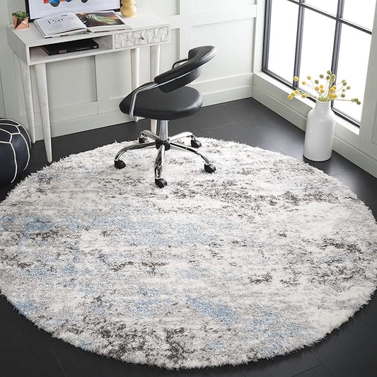 SAFAVIEH Lindsay Shag Collection Area Rug - 6'7" Round, Grey/Blue Ivory, Geometric Design, Ideal for High Traffic Areas in Living Room, Bedroom, Dining (LNS556F)